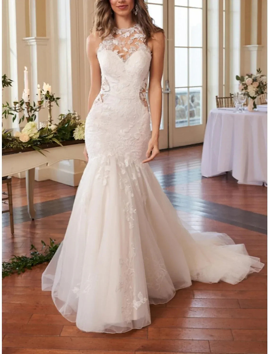 Mermaid Illusion Tulle Sleeveless Open Back Train Wedding Dress - Yihuiw by Yihuiw