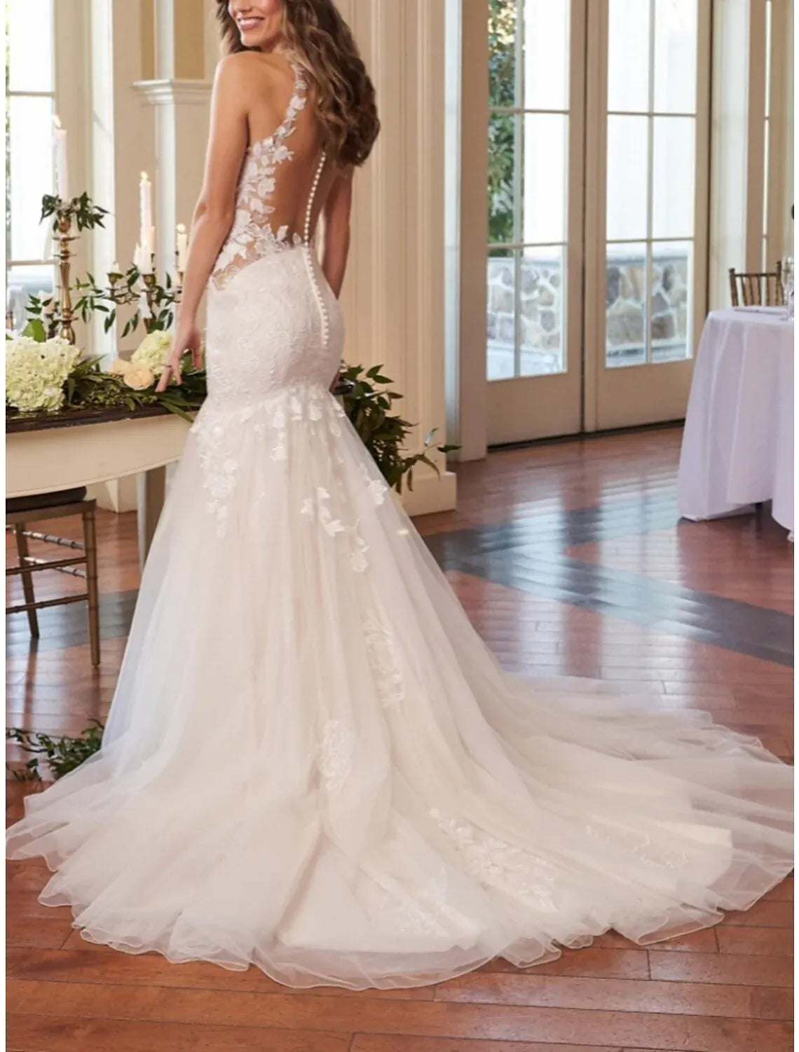 Mermaid Illusion Tulle Sleeveless Open Back Train Wedding Dress - Yihuiw by Yihuiw