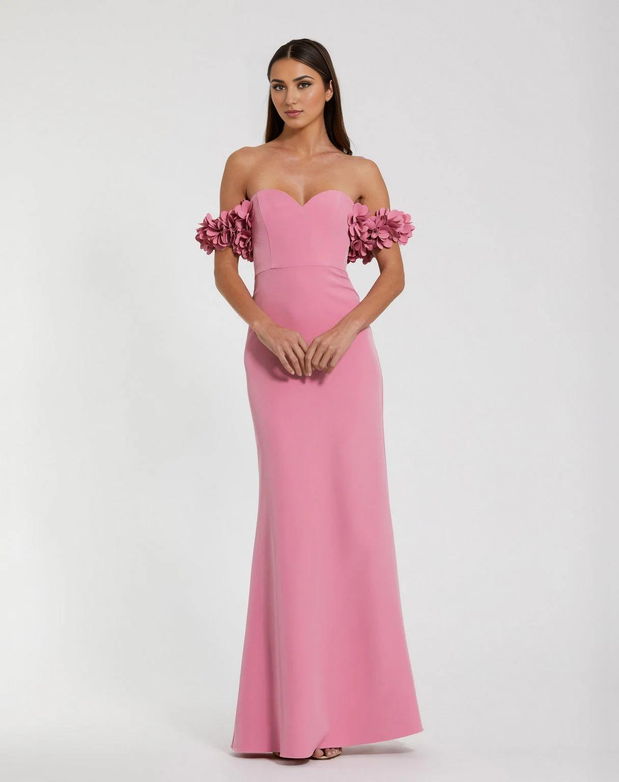 Romantic Mermaid Off Shoulder Floral Sleeve Open Back Floor Length Prom Dress by YiHuiw