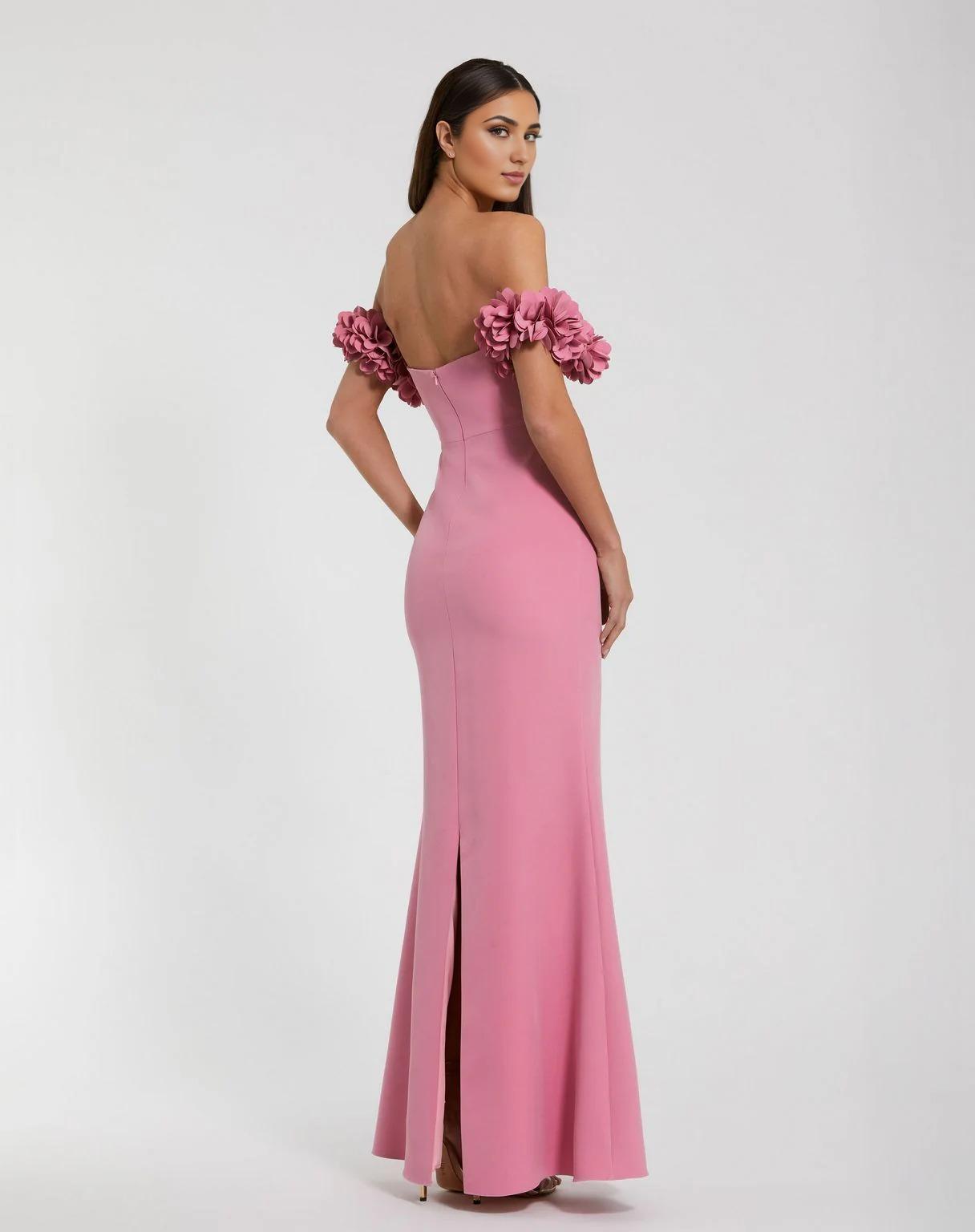 Romantic Mermaid Off Shoulder Floral Sleeve Open Back Floor Length Prom Dress by YiHuiw