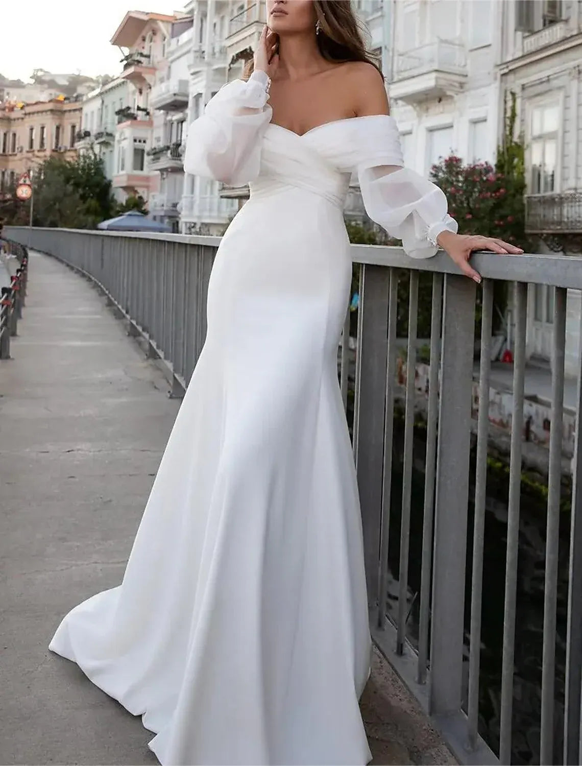 Mermaid Off-Shoulder Puff Sleeve Train Wedding Dress - Yihuiw by Yihuiw