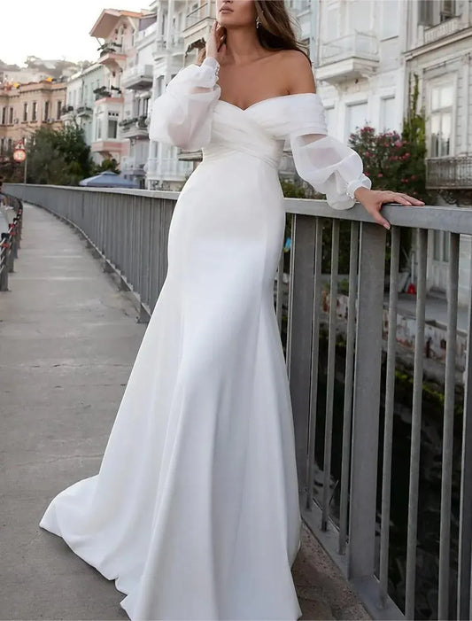 Mermaid Off-Shoulder Puff Sleeve Train Wedding Dress - Yihuiw by Yihuiw