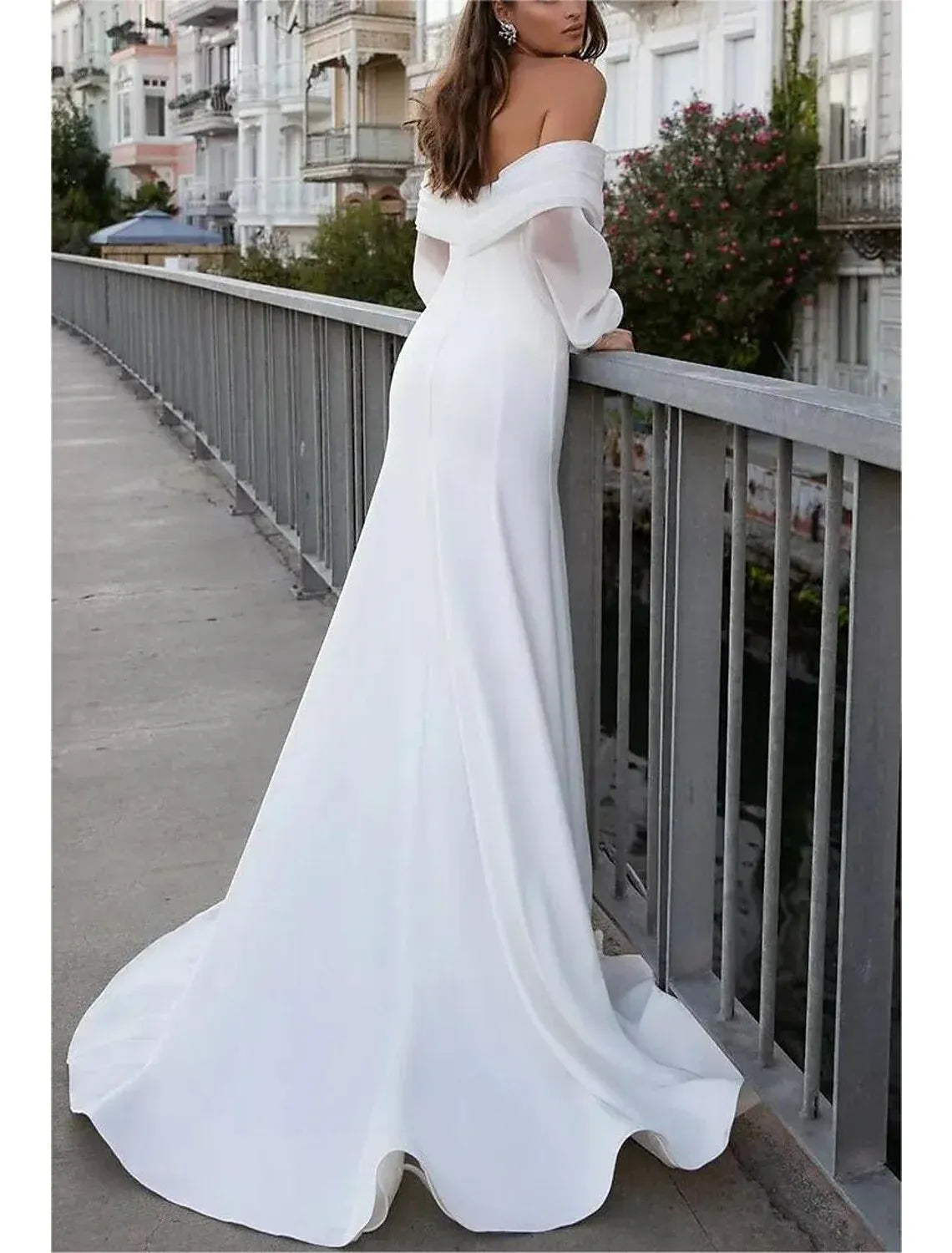 Mermaid Off-Shoulder Puff Sleeve Train Wedding Dress - Yihuiw by Yihuiw