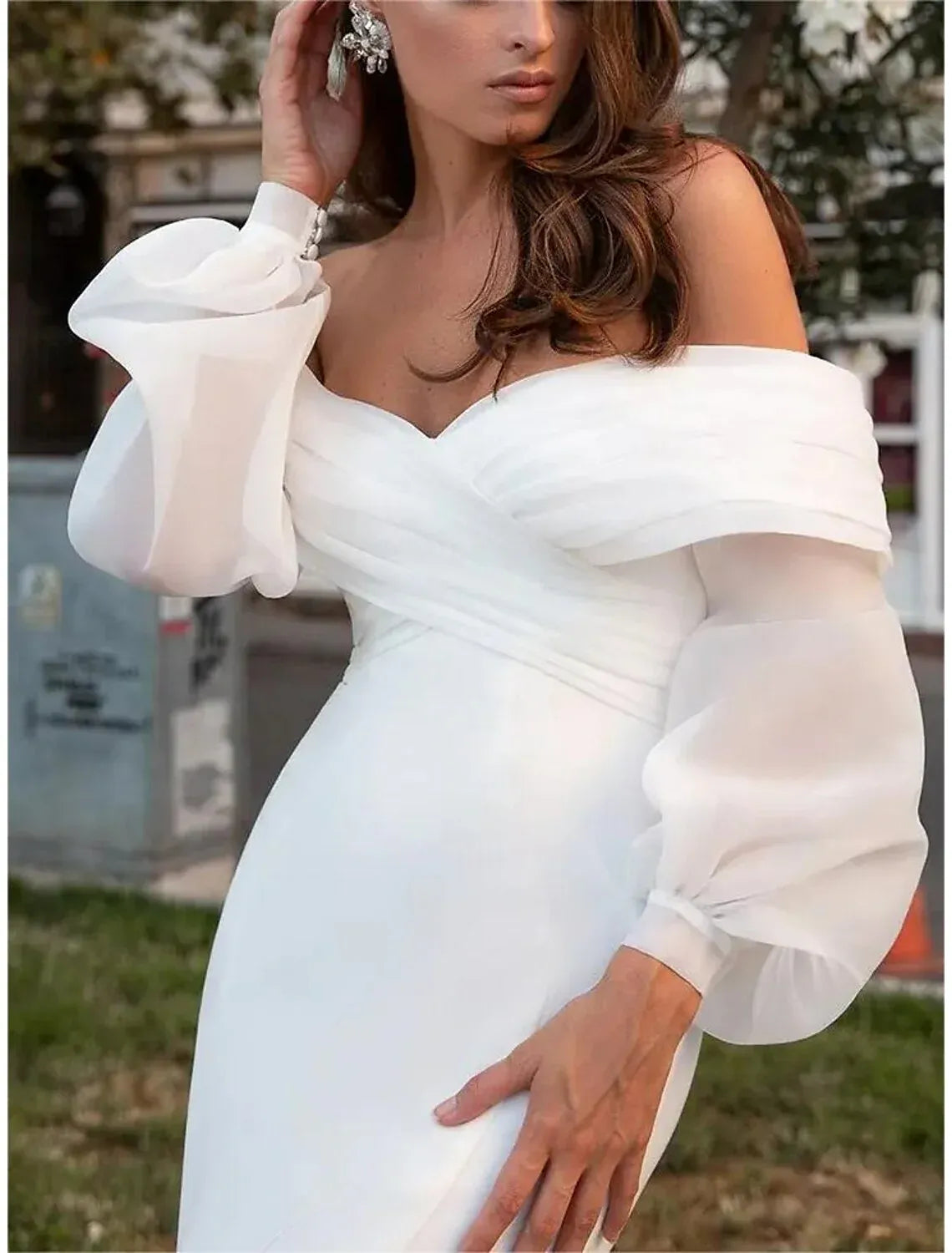 Mermaid Off-Shoulder Puff Sleeve Train Wedding Dress - Yihuiw by Yihuiw