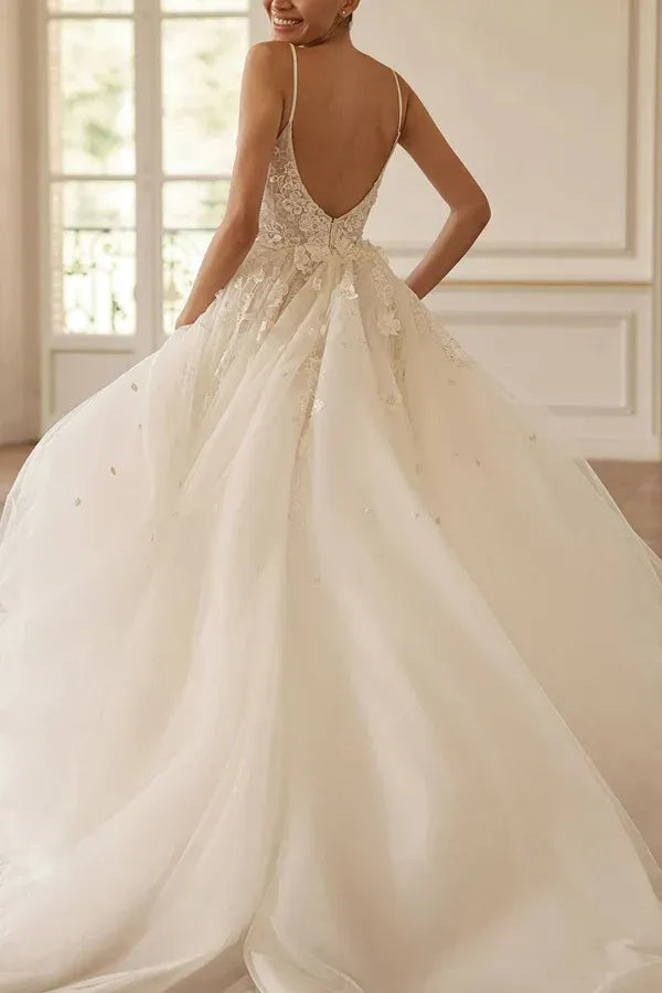 A-Line Spaghetti Strap Floor-Length Wedding Dress - Yihuiw by Yihuiw
