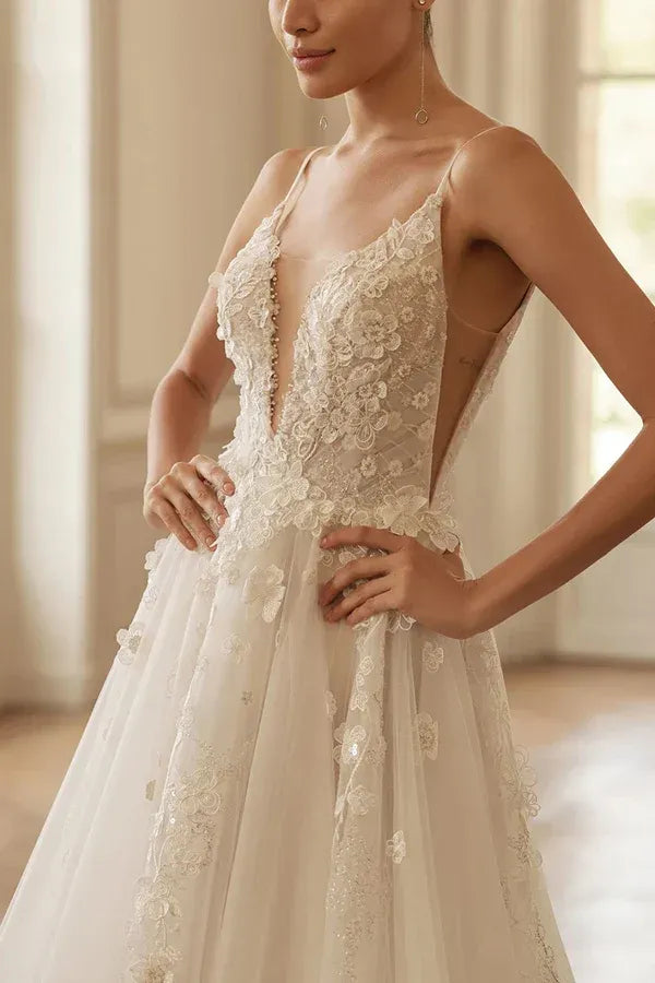 A-Line Spaghetti Strap Floor-Length Wedding Dress - Yihuiw by Yihuiw