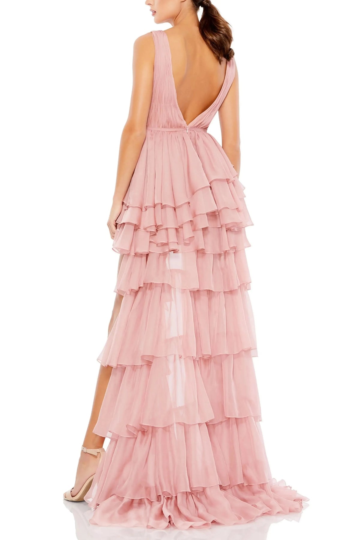 Romantic Ruffled High Low Deep V Sleeveless Plunging Back For Adults Prom Dress by YiHuiw