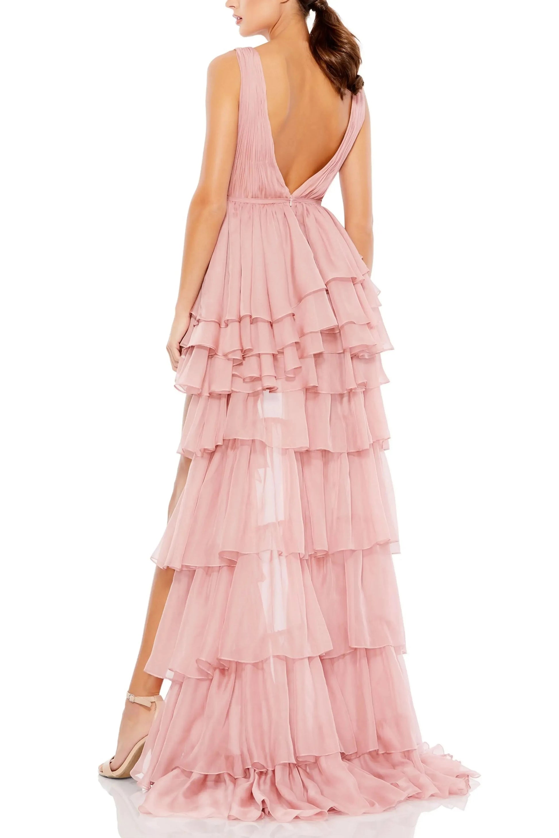 Romantic Ruffled High Low Deep V Sleeveless Plunging Back For Adults Prom Dress by YiHuiw