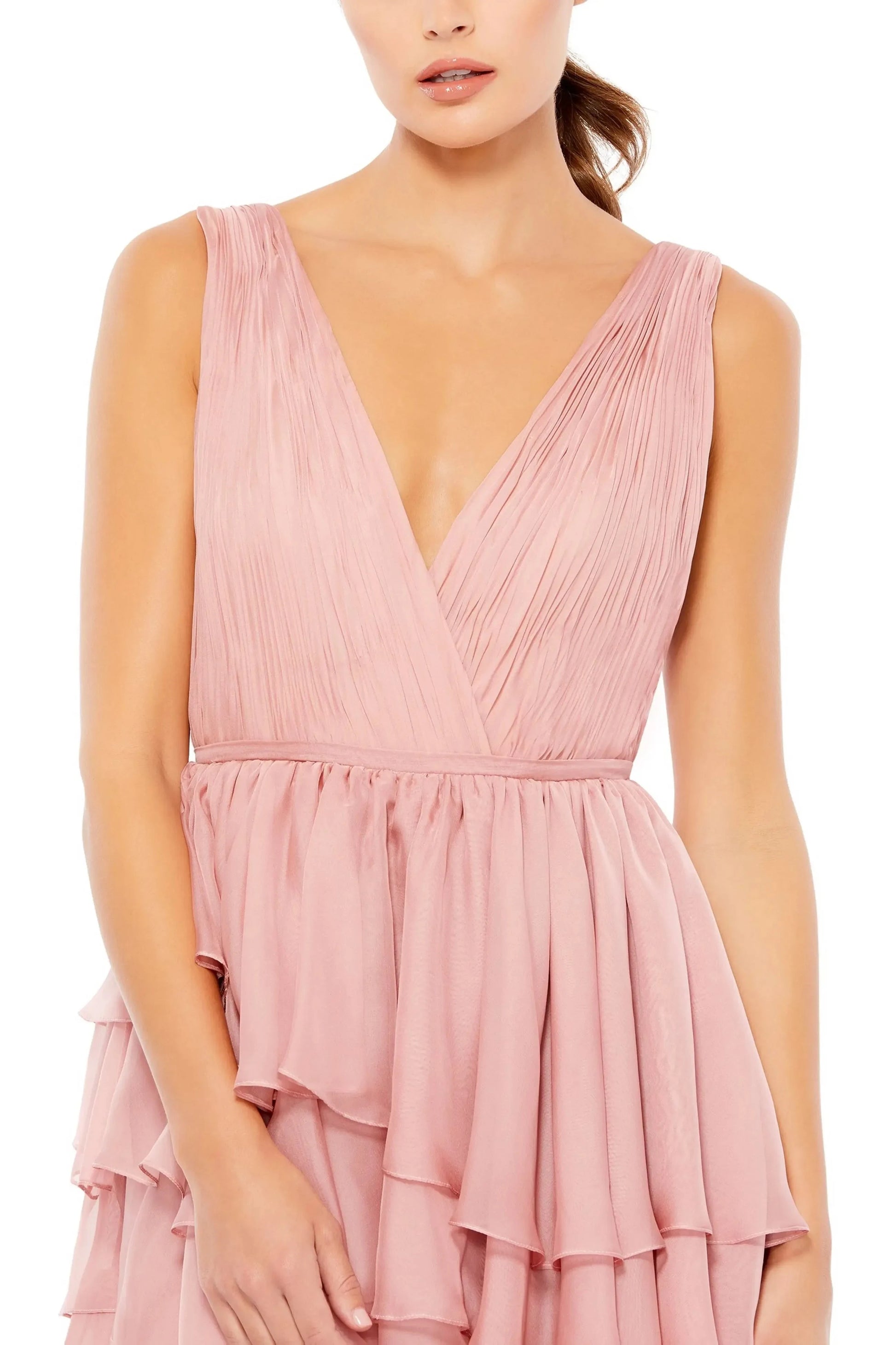 Romantic Ruffled High Low Deep V Sleeveless Plunging Back For Adults Prom Dress by YiHuiw