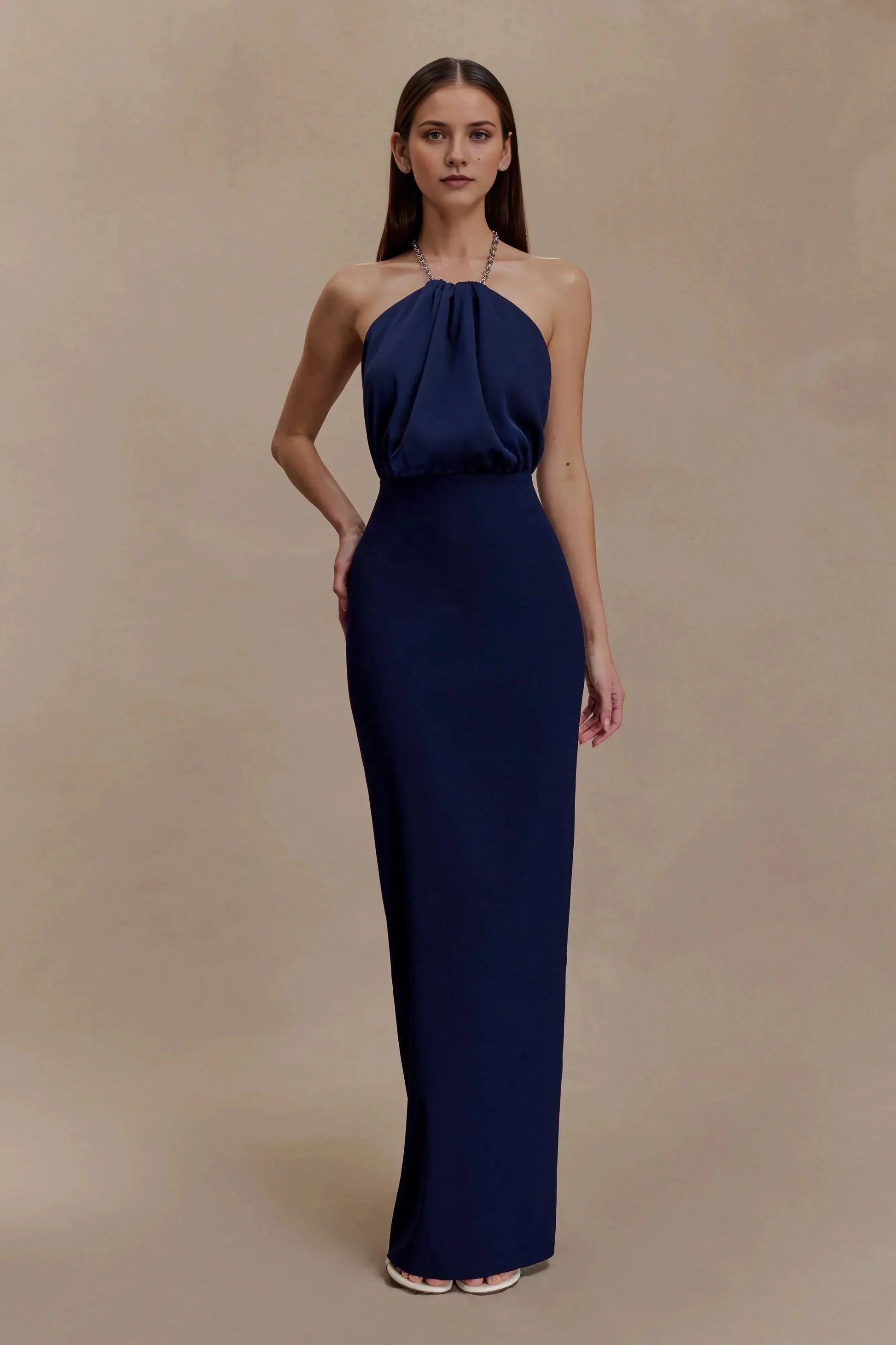 Romantic Sheath Halter Neck Sleeveless Open Back Floor Length Prom Dress by YiHuiw