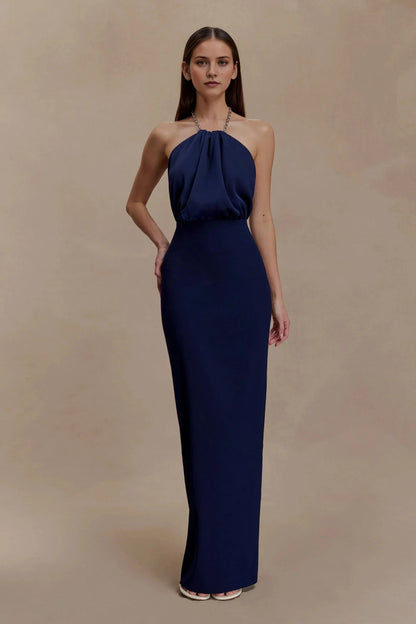 Romantic Sheath Halter Neck Sleeveless Open Back Floor Length Prom Dress by YiHuiw
