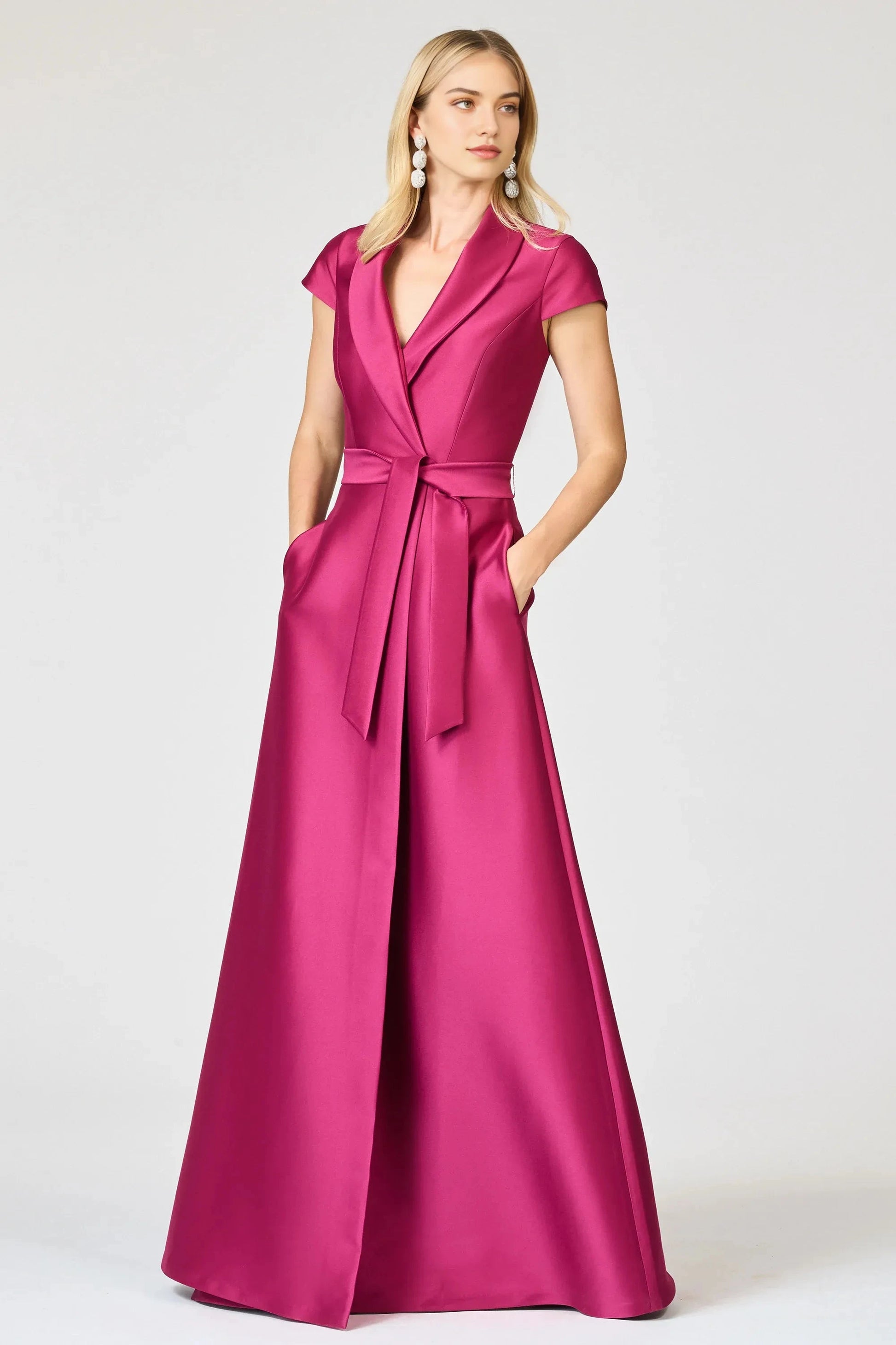 RomanticTie Waist A Line Notch Neck Short Sleeve Zipper Back Floor Length Evening Dress by YiHuiw