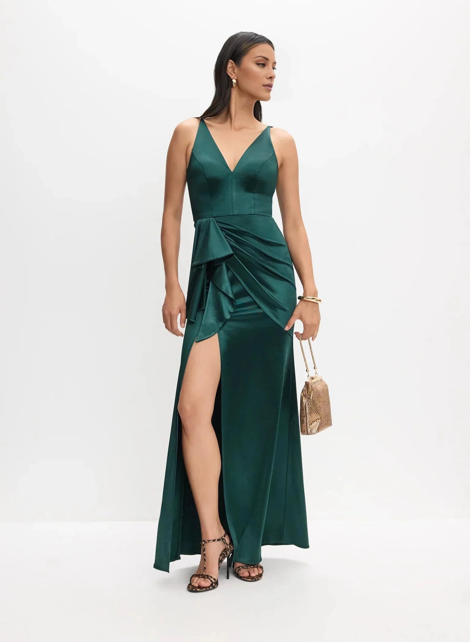 Romantic A-Line Satin Sleeveless Ruffled Side-Slit V-Neck Floor-Length Evening Dress by YiHuiw
