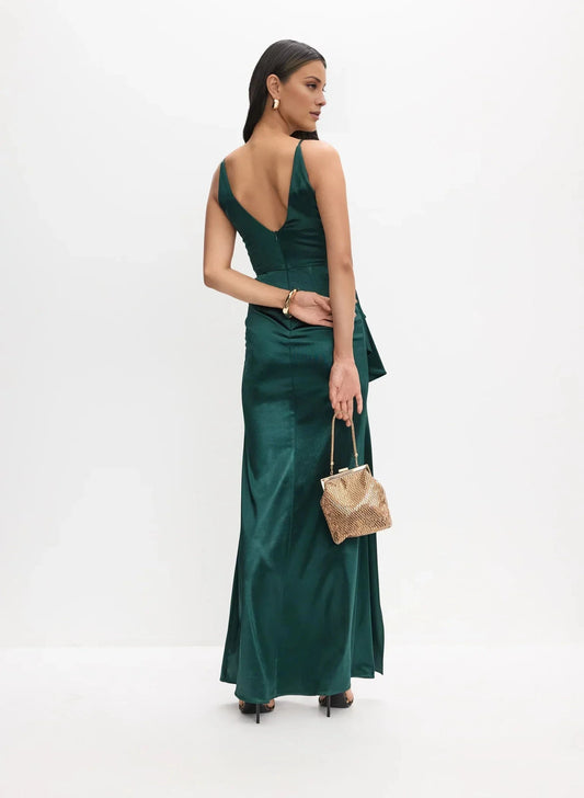 Romantic A-Line Satin Sleeveless Ruffled Side-Slit V-Neck Floor-Length Evening Dress by YiHuiw