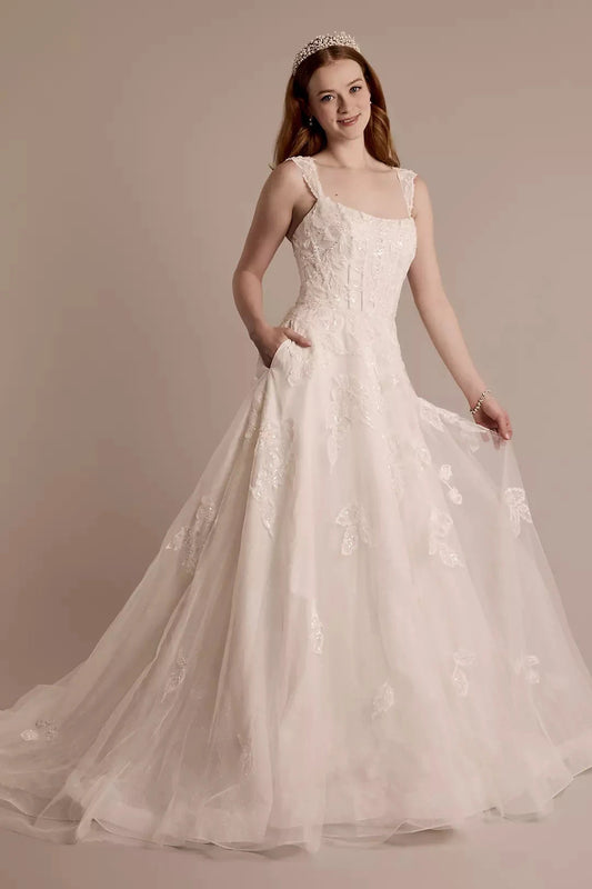 Romantic A-Line Square-Neck Sleeveless Lace-Embellished Open-Back Pocket Train Wedding Dress by YiHuiw
