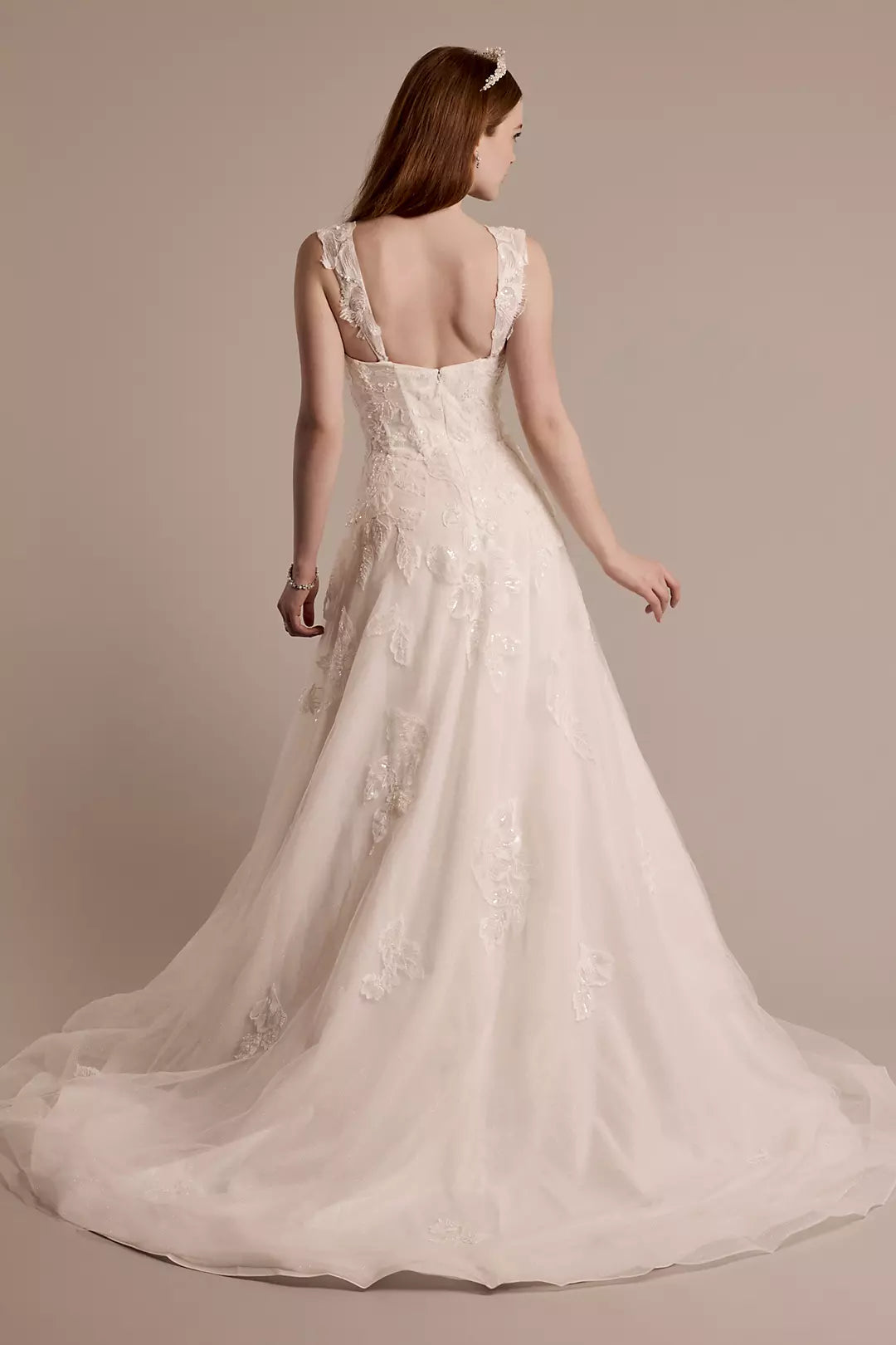 Romantic A-Line Square-Neck Sleeveless Lace-Embellished Open-Back Pocket Train Wedding Dress