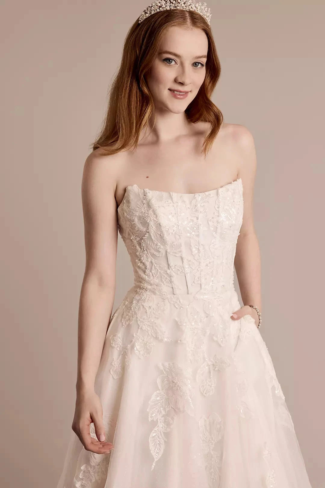 Romantic A-Line Square-Neck Sleeveless Lace-Embellished Open-Back Pocket Train Wedding Dress by YiHuiw