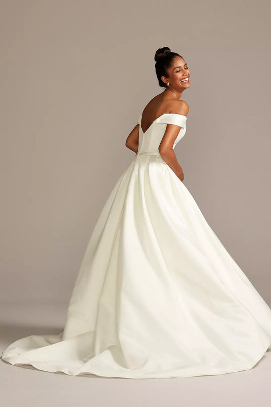 Romantic Ballgown Off-the-Shoulder Sweetheart V-Back Floor-Length Train Satin Wedding Dress