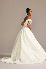 Romantic Ballgown Off-the-Shoulder Sweetheart V-Back Floor-Length Train Satin Wedding Dress