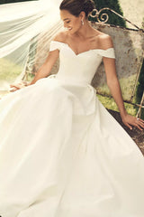 Romantic Ballgown Off-the-Shoulder Sweetheart V-Back Floor-Length Train Satin Wedding Dress