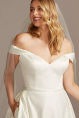 Romantic Ballgown Off-the-Shoulder Sweetheart V-Back Floor-Length Train Satin Wedding Dress