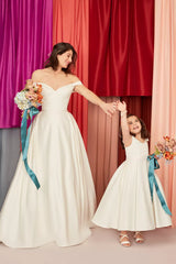 Romantic Ballgown Off-the-Shoulder Sweetheart V-Back Floor-Length Train Satin Wedding Dress