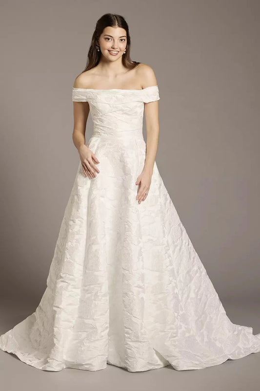 Romantic Ballgown Off-the-Shoulder Textured Satin V-Back Floor-Length Train Wedding Dress by YiHuiw
