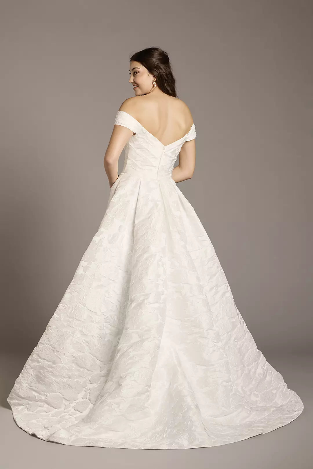 Romantic Ballgown Off-the-Shoulder Textured Satin V-Back Floor-Length Train Wedding Dress