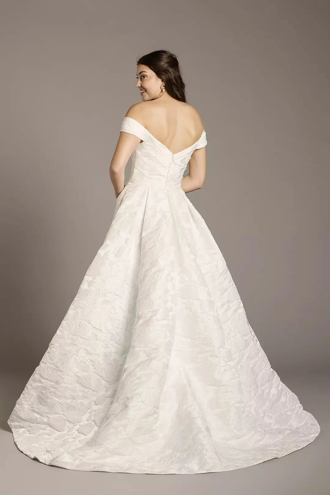 Romantic Ballgown Off-the-Shoulder Textured Satin V-Back Floor-Length Train Wedding Dress by YiHuiw