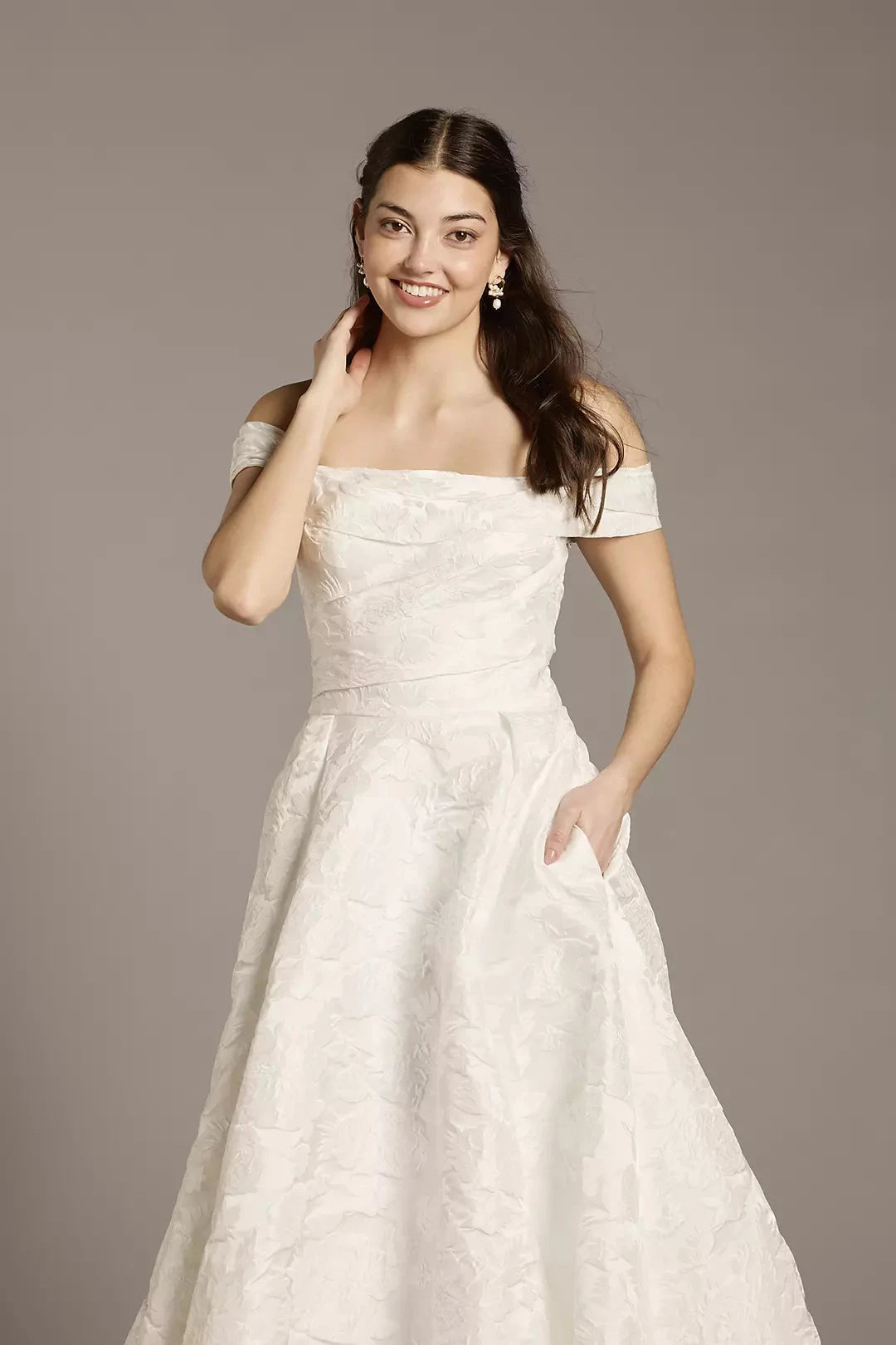 Romantic Ballgown Off-the-Shoulder Textured Satin V-Back Floor-Length Train Wedding Dress by YiHuiw