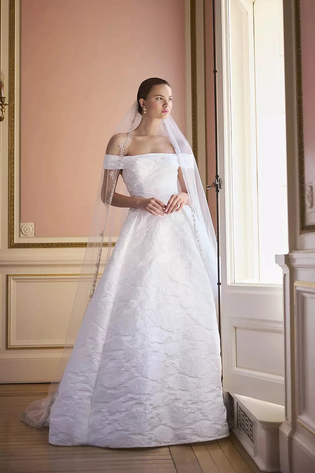 Romantic Ballgown Off-the-Shoulder Textured Satin V-Back Floor-Length Train Wedding Dress by YiHuiw