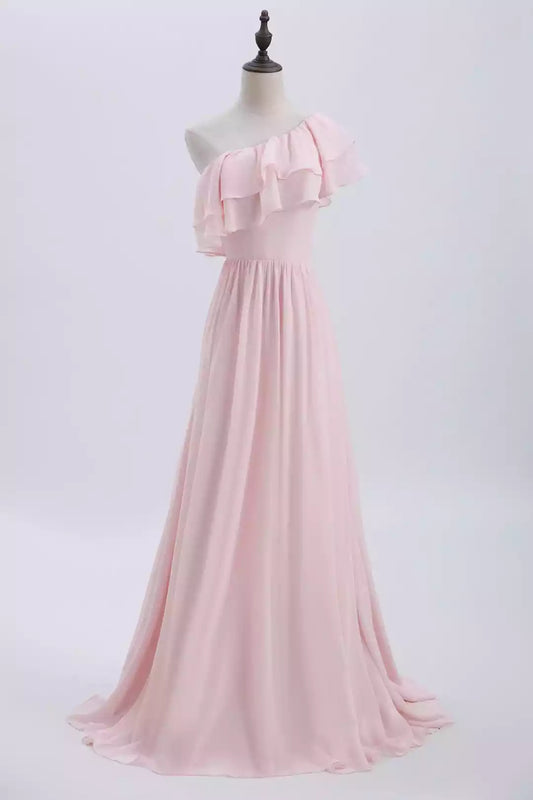 Romantic Blush Pink Chiffon One-Shoulder Dress with Ruffle Detail
