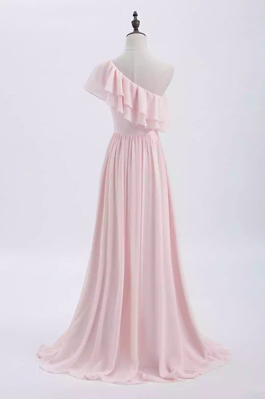 Romantic Blush Pink Chiffon One-Shoulder Dress with Ruffle Detail