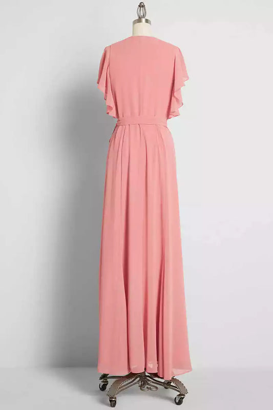Romantic Blush Pink Chiffon Wrap Maxi Dress with Flutter Sleeves & Self-Tie Waist