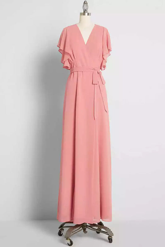 Romantic Blush Pink Chiffon Wrap Maxi Dress with Flutter Sleeves & Self-Tie Waist