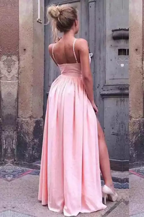 Romantic Blush Pink Satin A-Line Dress with Plunge V-Neck & Open Back