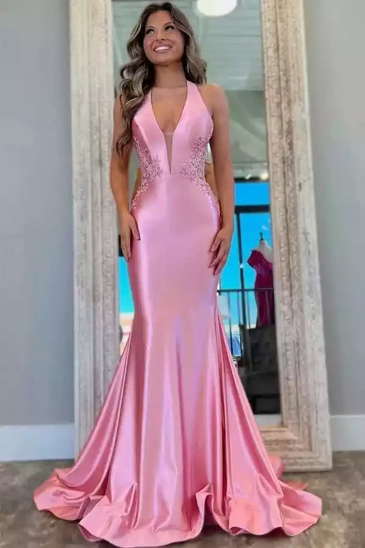 Romantic Blush Pink Satin Mermaid Dress with Halter Neck & Lace Accents