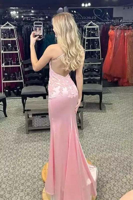 Romantic Blush Pink Satin Mermaid Dress with Lace Bodice & Open Back