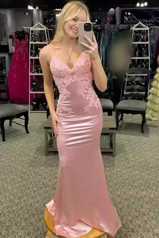Romantic Blush Pink Satin Mermaid Dress with Lace Bodice & Open Back