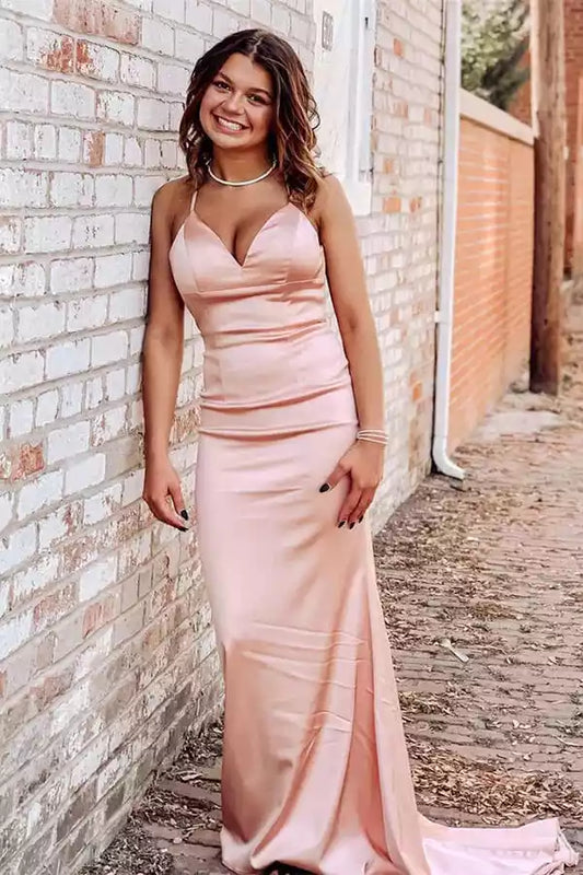 Romantic Blush Pink Satin Mermaid Dress with Plunge V-Neck & Criss-Cross Back