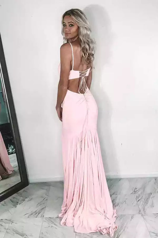 Romantic Blush Pink Stretch Satin Mermaid Dress with Plunge V-Neck & Lace-Up Back