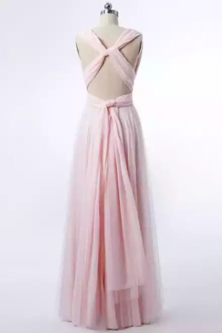 Romantic Blush Pink Tulle Convertible A-Line Dress with V-Neck & Cross-Back