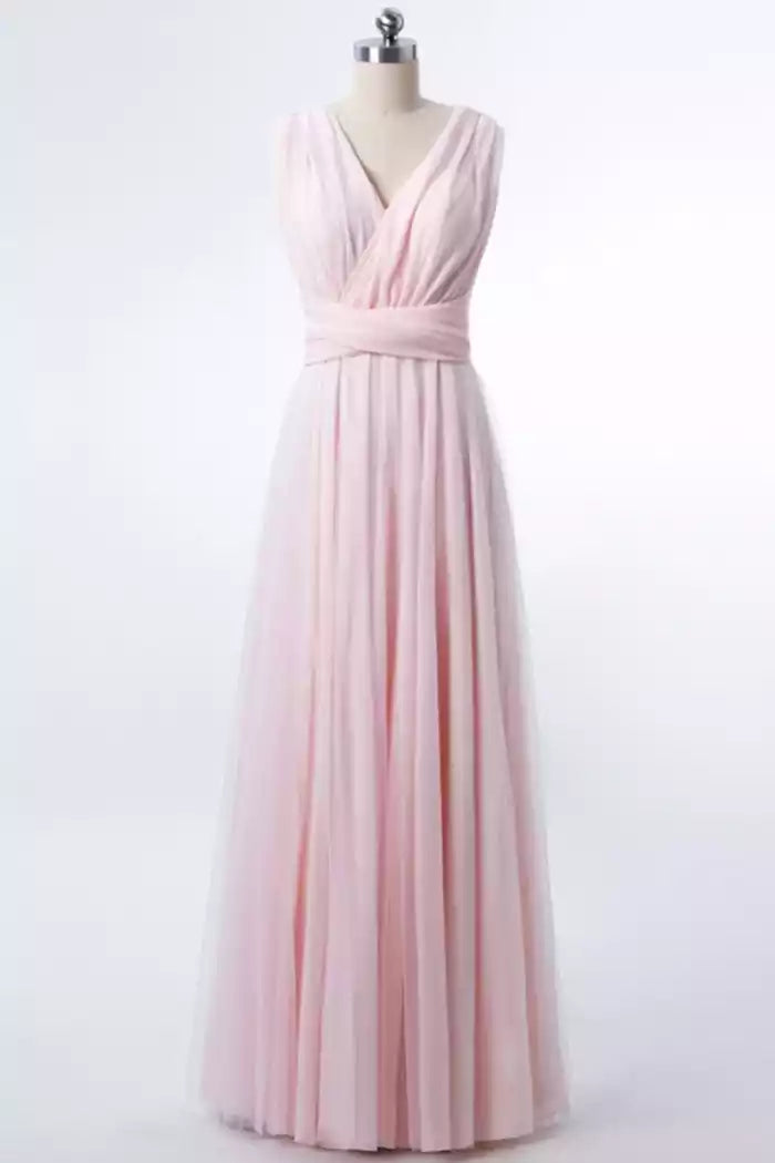 Vestido convertible de tul en romántico rosa rubor con escote en V y espalda cruzada
