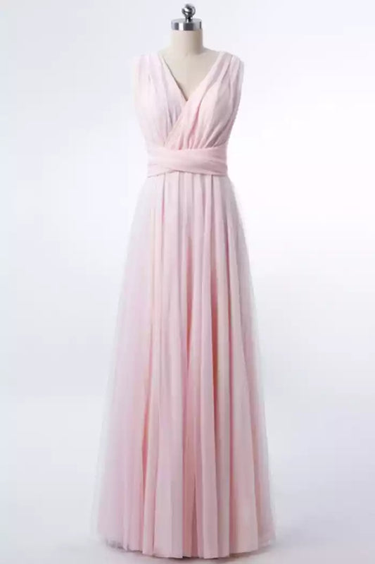 Romantic Blush Pink Tulle Convertible A-Line Dress with V-Neck & Cross-Back