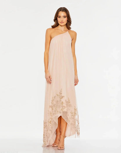 Romantic Blush Tulle Gown One-Shoulder Sleeveless Zipper Back High-Low Hem Embellished Evening Dresses by LANQI DRESS