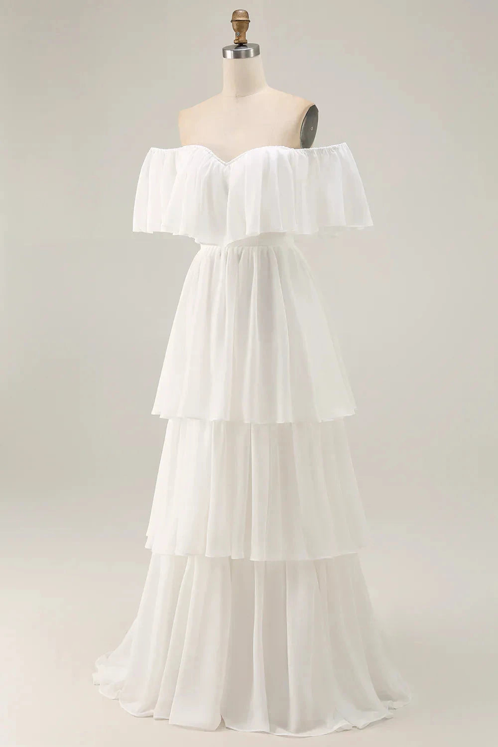 Romantic Boho Flowy A-Line Off-the-Shoulder Sweetheart Neck Ruffled Short Sleeve Tiered Ruffle High-Low Chiffon Evening Dress by LANQI DRESS