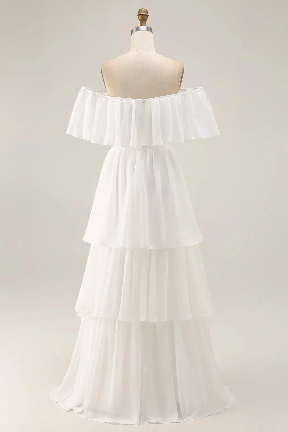 Romantic Boho Flowy A-Line Off-the-Shoulder Sweetheart Neck Ruffled Short Sleeve Tiered Ruffle High-Low Chiffon Evening Dress by LANQI DRESS