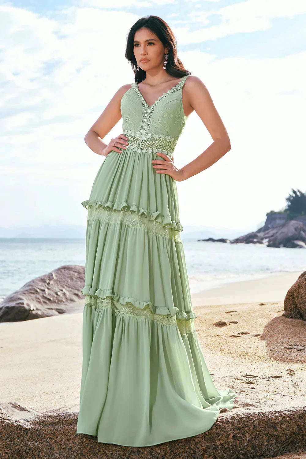 Romantic Boho Flowy A-Line V Neck Spaghetti Strap Open Back Lace Bodice Crochet Waist Tiered Ruffle Floor-Length Chiffon Evening Dress by LANQI DRESS