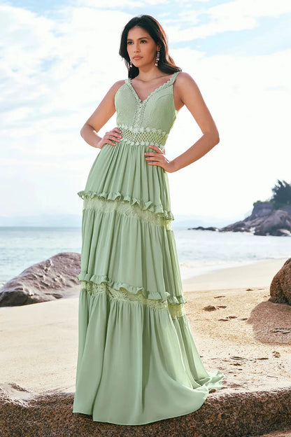 Romantic Boho Flowy A-Line V Neck Spaghetti Strap Open Back Lace Bodice Crochet Waist Tiered Ruffle Floor-Length Chiffon Evening Dress by LANQI DRESS