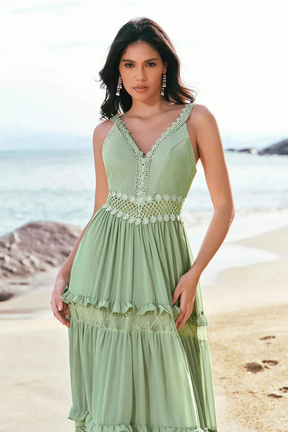 Romantic Boho Flowy A-Line V Neck Spaghetti Strap Open Back Lace Bodice Crochet Waist Tiered Ruffle Floor-Length Chiffon Evening Dress by LANQI DRESS